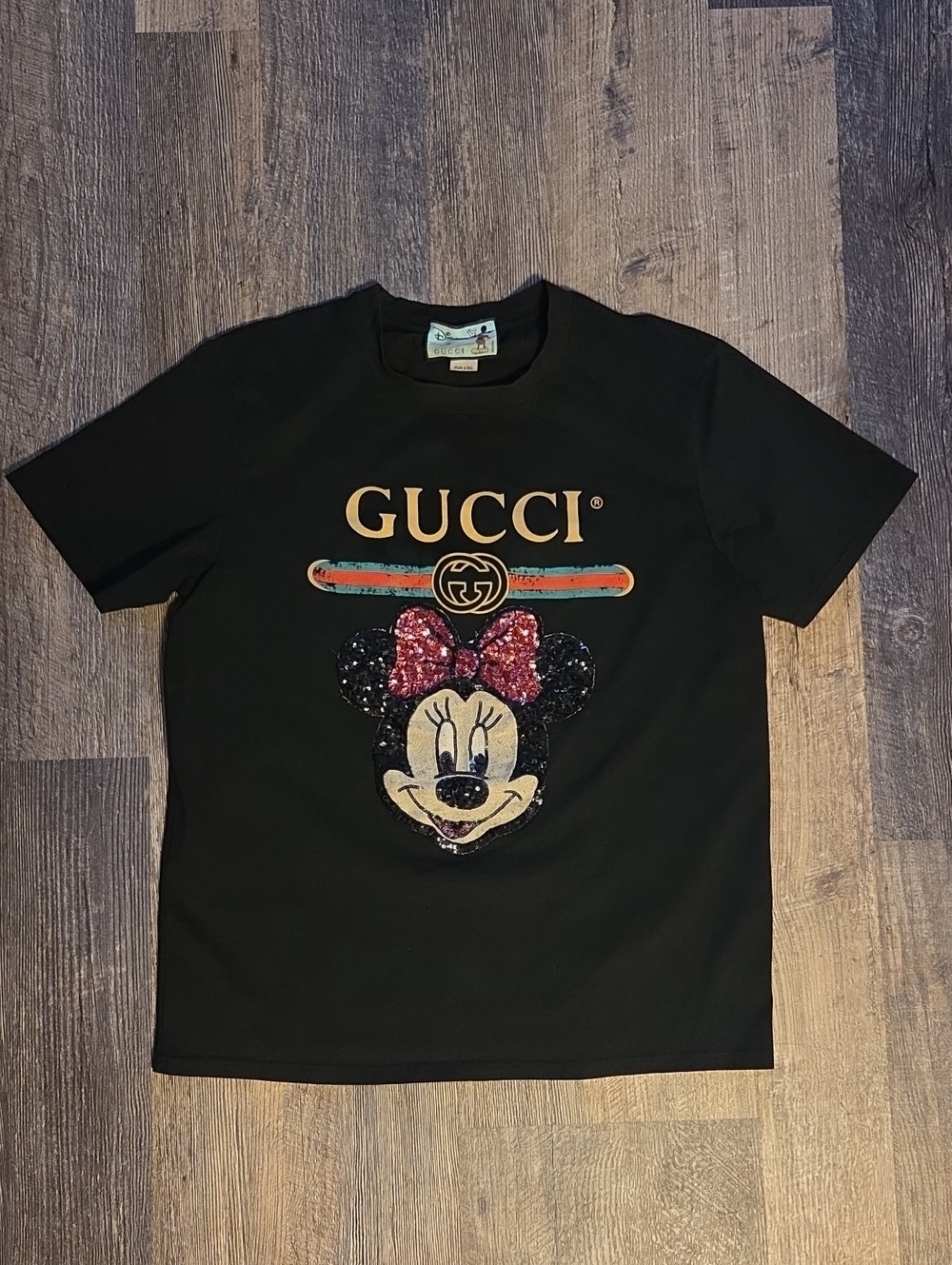 Gucci Disney X Black T Shirt Sequin Red Bow Minnie Mouse Italy GG Interlocking